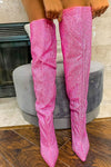 Diamante Crystal-Embellished Point Toe Over The Knee Block Heeled Boots - Hot Pink