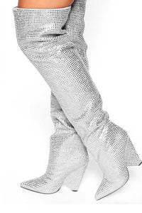 Diamante Crystal-Embellished Point Toe Over The Knee Block Heeled Boots - Silver
