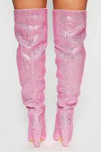 Diamante Crystal-Embellished Point Toe Over The Knee Block Heeled Boots - Pink