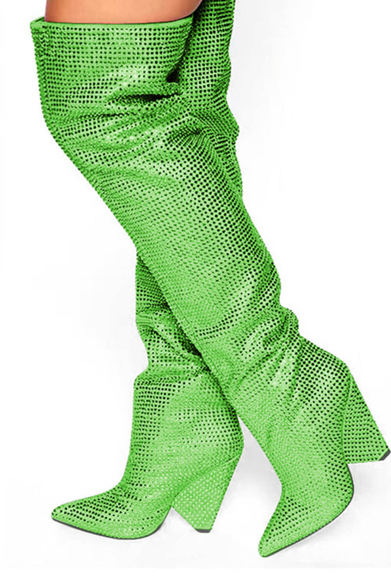 Diamante Crystal-Embellished Point Toe Over The Knee Block Heeled Boots - Lime
