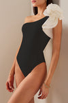 Black White Ruffled One Shoulder One Piece Swimsuit