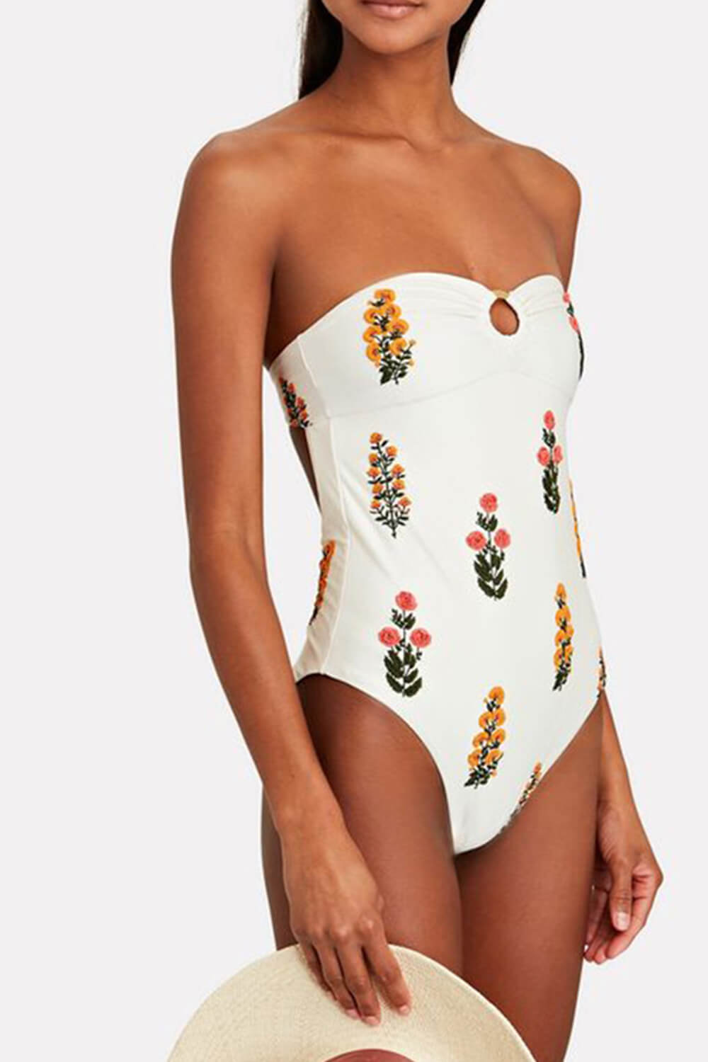 Floral-Embroidered Strapless One Piece Swimsuit With O-Ring Detailing