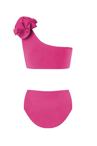 Hot Pink Ruffled One Shoulder High Waist Bikini Set