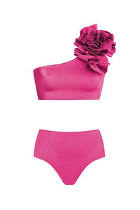 Hot Pink Ruffled One Shoulder High Waist Bikini Set