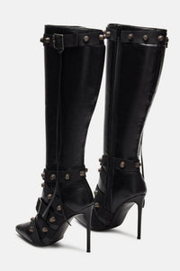 Pointed Toe Knee-High Stiletto Boots With Studs And Pin Buckle Strap Details - Black
