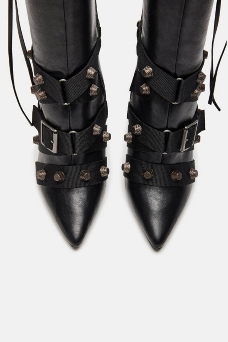 Pointed Toe Knee-High Stiletto Boots With Studs And Pin Buckle Strap Details - Black