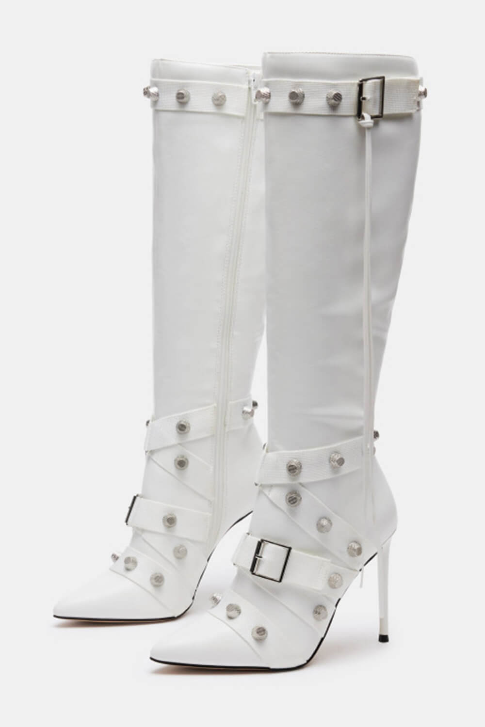 Pointed Toe Knee-High Stiletto Boots With Studs And Pin Buckle Strap Details - White