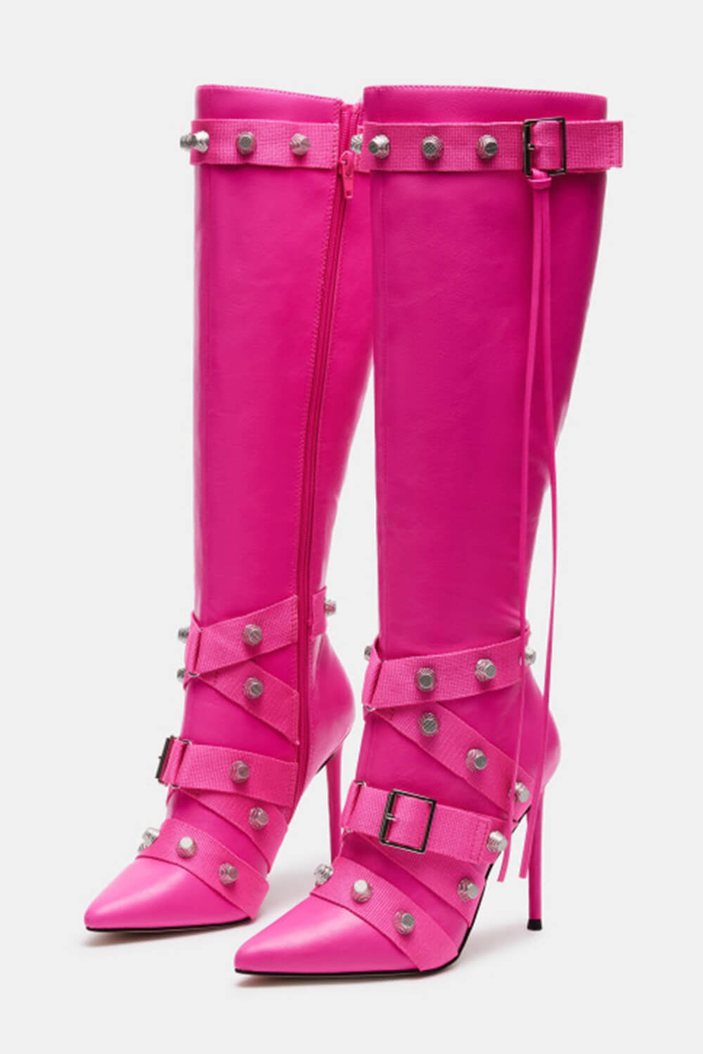 Pointed Toe Knee-High Stiletto Boots With Studs And Pin Buckle Strap Details - Hot Pink