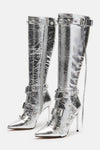 Pointed Toe Knee-High Stiletto Boots With Studs And Pin Buckle Strap Details - Metallic Silver