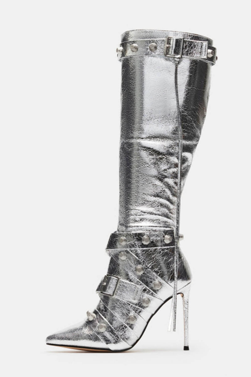 Pointed Toe Knee-High Stiletto Boots With Studs And Pin Buckle Strap Details - Metallic Silver