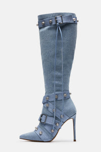 Pointed Toe Knee-High Stiletto Boots With Studs And Pin Buckle Strap Details - Denim