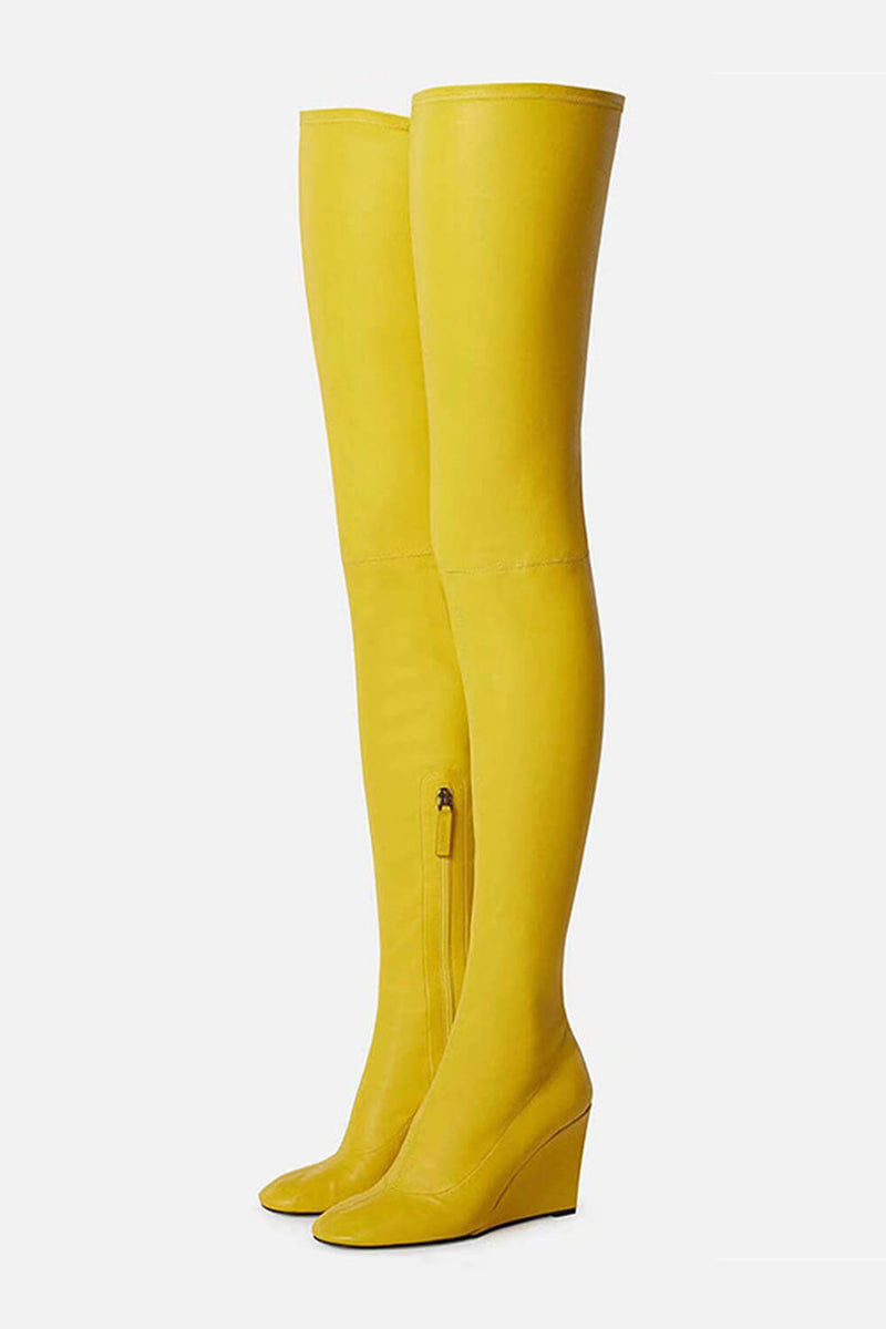 Faux Leather Round Toe Over-The-Knee Wedge Heeled Boots - Yellow