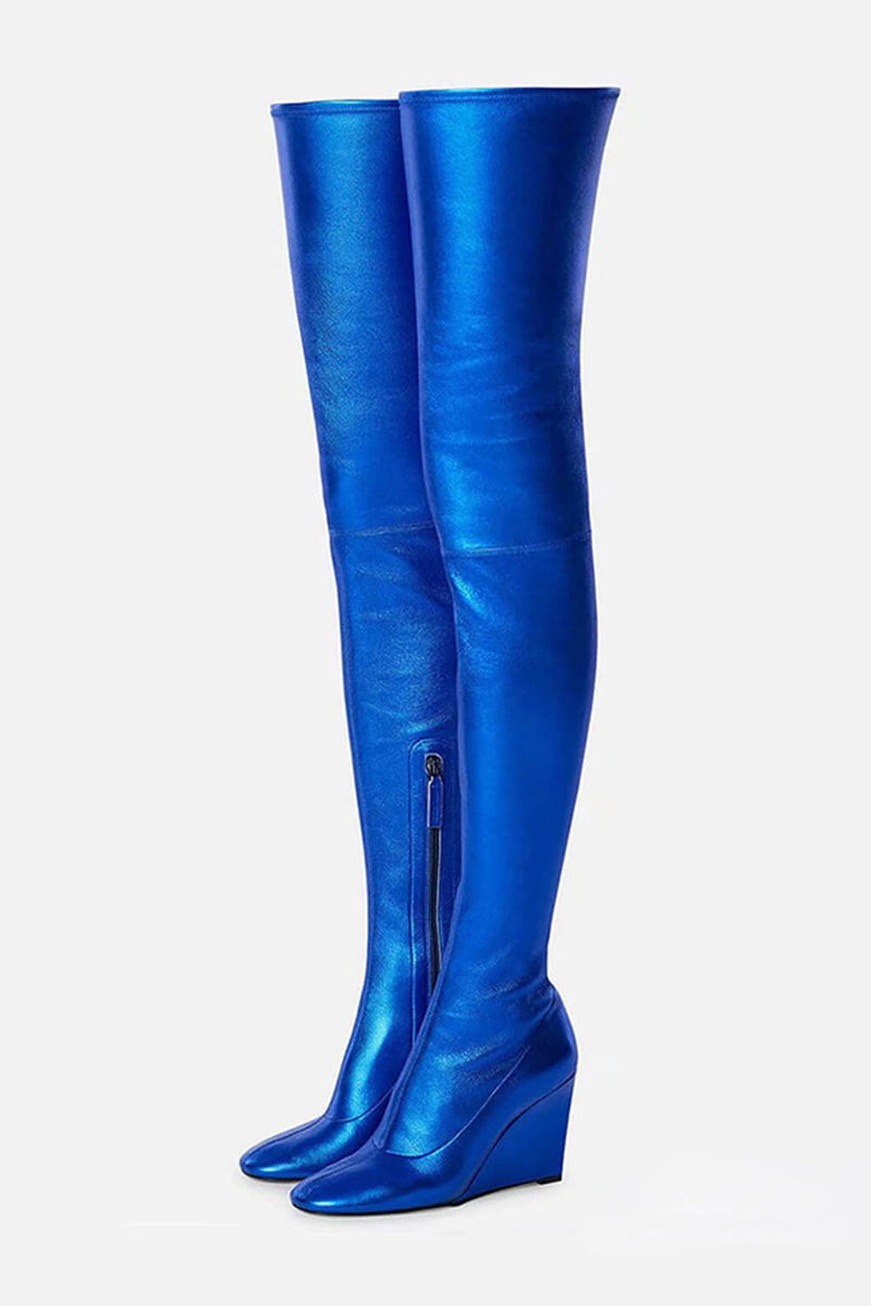 Faux Leather Round Toe Over-The-Knee Wedge Heeled Boots - Blue