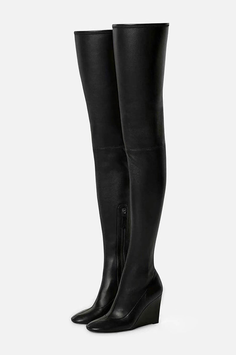 Faux Leather Round Toe Over-The-Knee Wedge Heeled Boots - Black