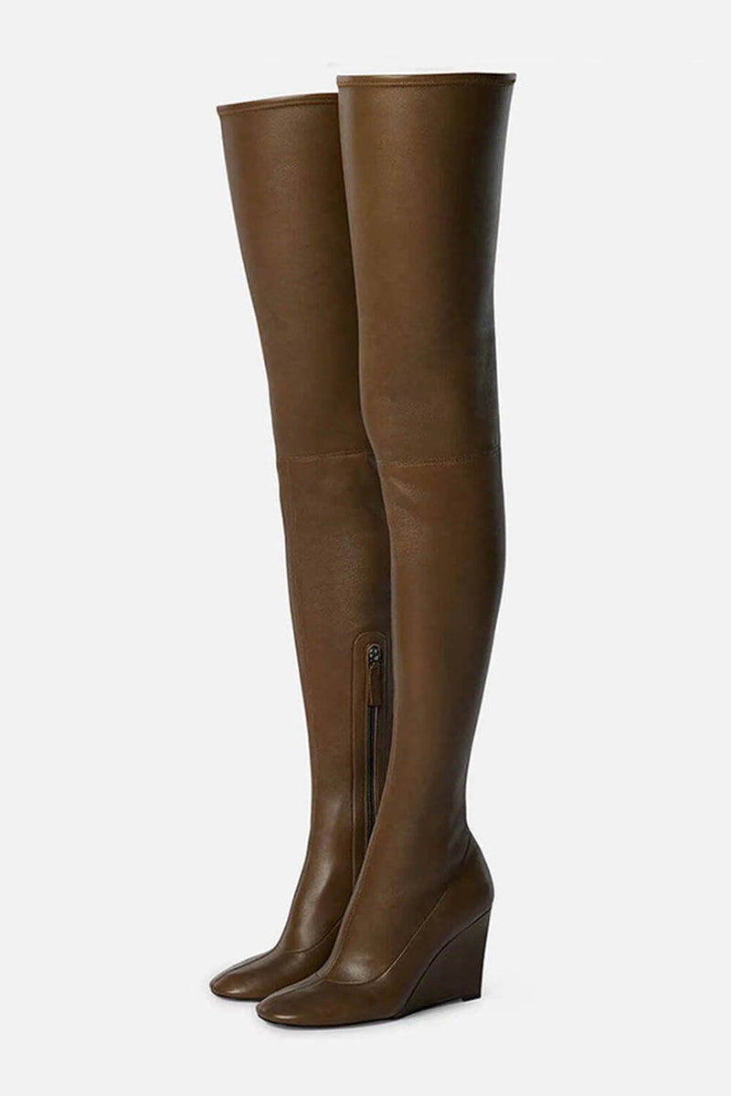 Faux Leather Round Toe Over-The-Knee Wedge Heeled Boots - Coffee