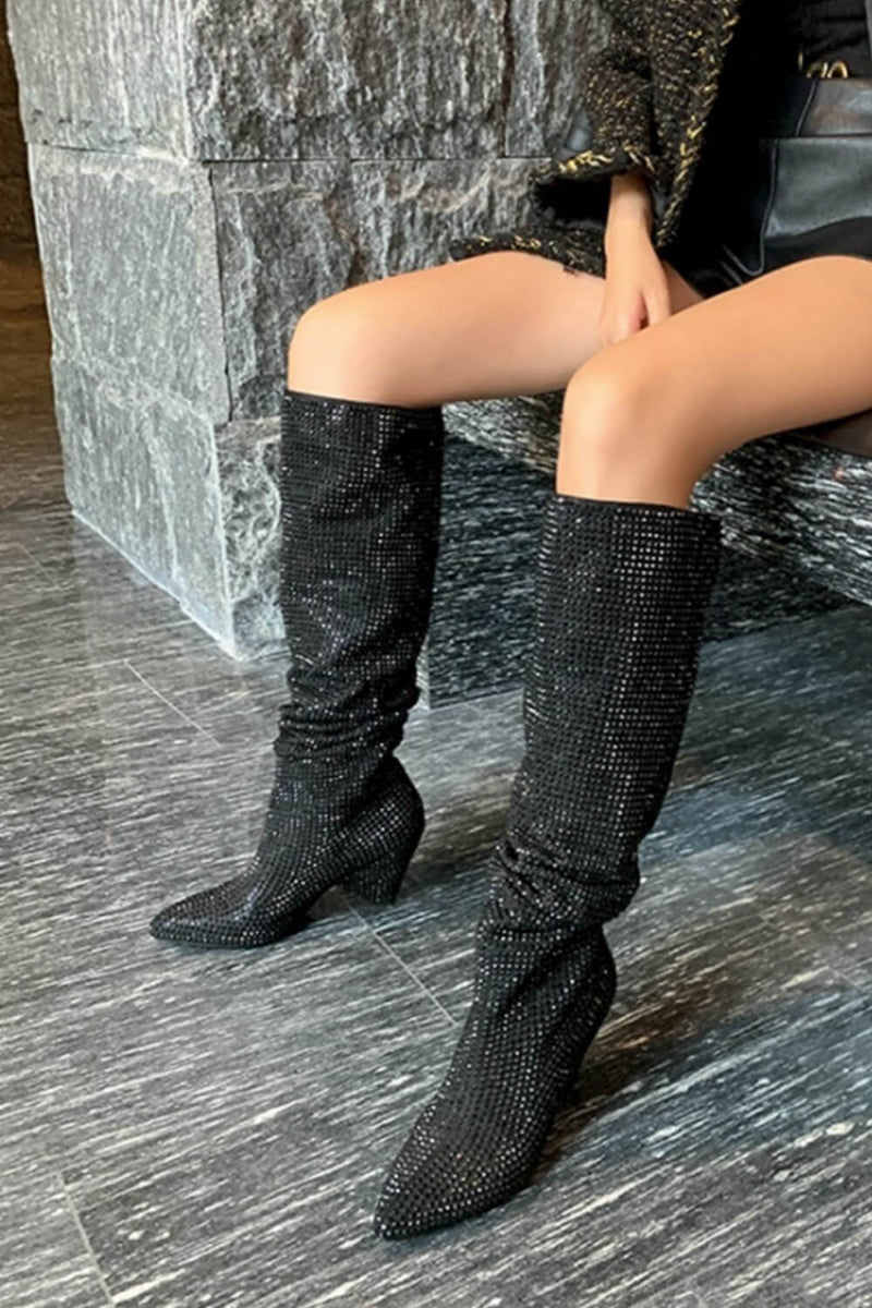 Diamante Crystal-Embellished Point Toe Knee High Block Heeled Slouch Boots - Black