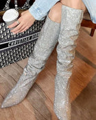 Diamante Crystal-Embellished Point Toe Knee High Block Heeled Slouch Boots - Silver