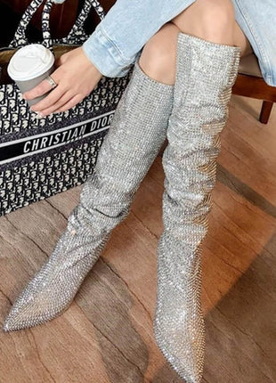 Diamante Crystal-Embellished Point Toe Knee High Block Heeled Slouch Boots - Silver