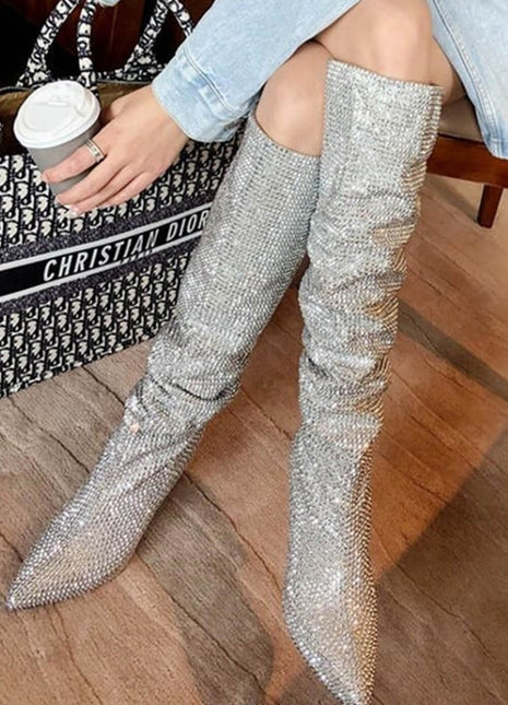 Diamante Crystal-Embellished Point Toe Knee High Block Heeled Slouch Boots - Silver