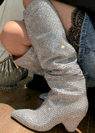 Diamante Crystal-Embellished Point Toe Knee High Block Heeled Slouch Boots - Silver