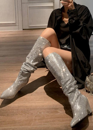 Diamante Crystal-Embellished Point Toe Knee High Block Heeled Slouch Boots - Silver