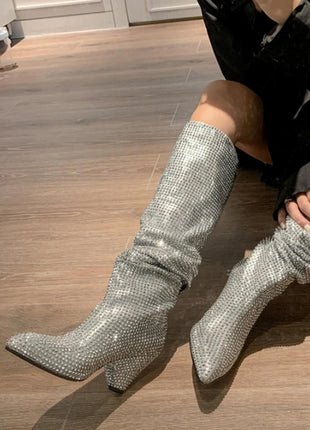 Diamante Crystal-Embellished Point Toe Knee High Block Heeled Slouch Boots - Silver