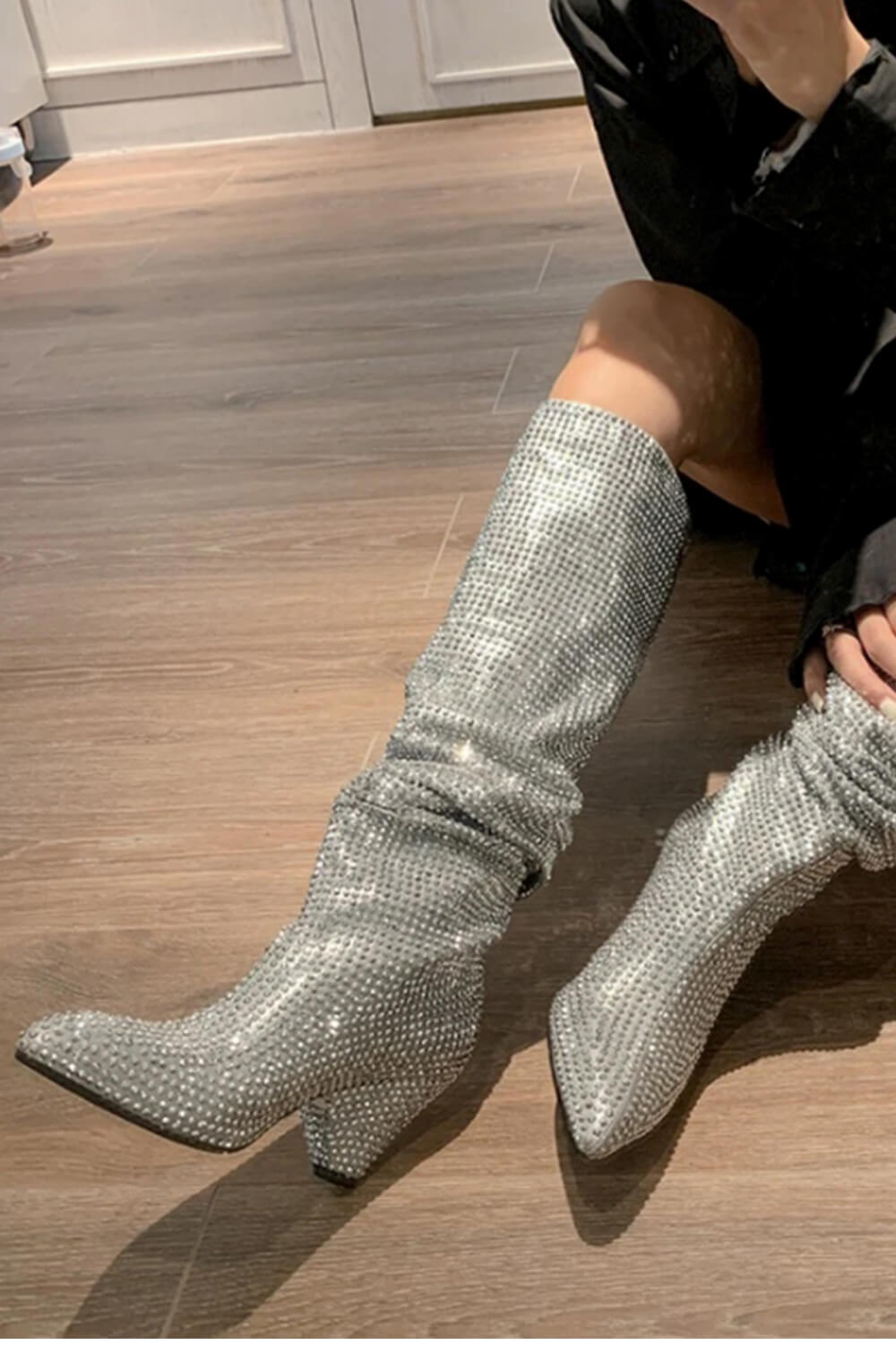 Diamante Crystal-Embellished Point Toe Knee High Block Heeled Slouch Boots - Silver