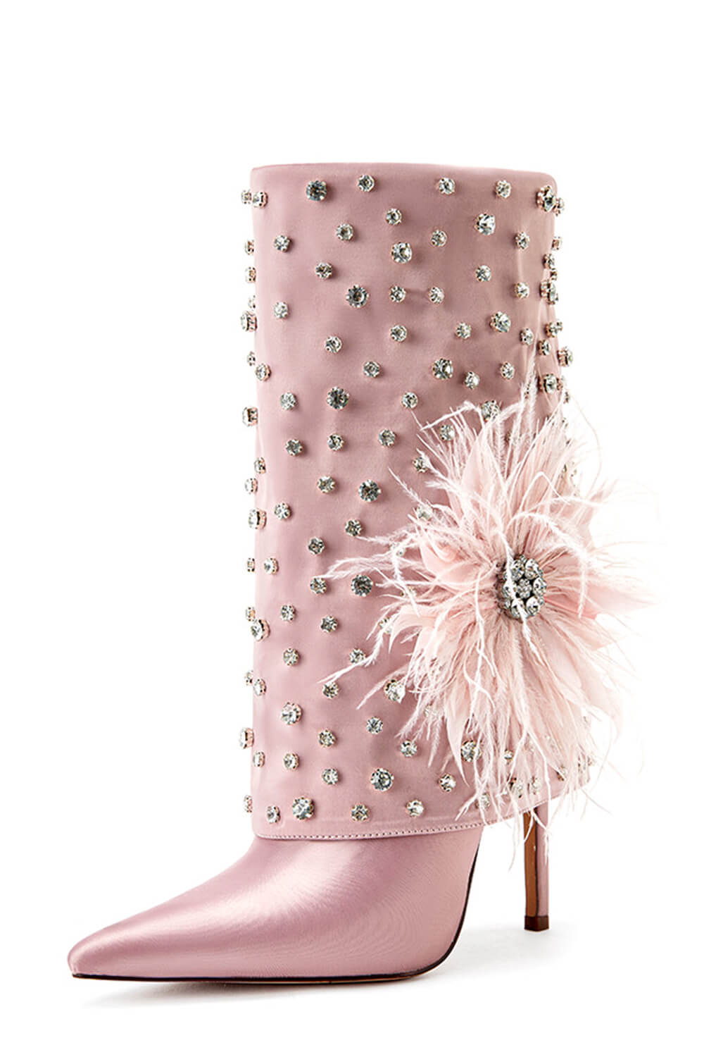 Rhinestone Embellished Satin Fold Over Pointed Toe Knee High Stiletto Boots With Feathered Flower Detail - Pink