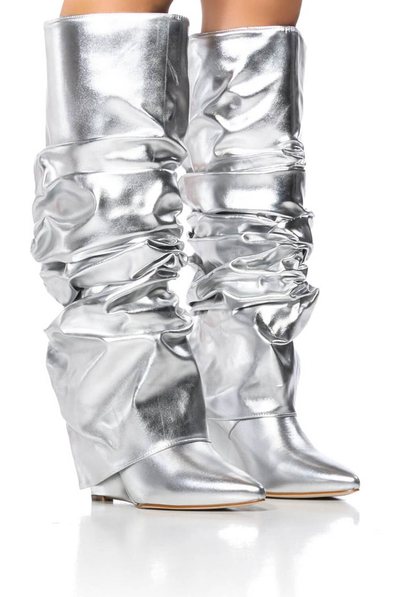 Scrunched Foldover Mid Calf Wedge Heel Boots - Silver