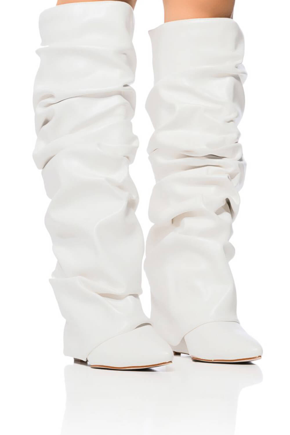 Scrunched Foldover Mid Calf Wedge Heel Boots - White