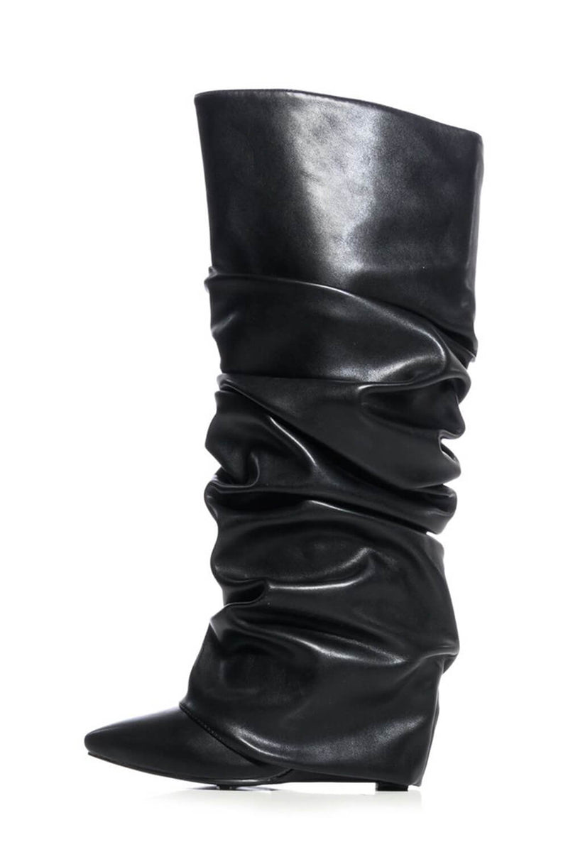 Scrunched Foldover Mid Calf Wedge Heel Boots - Black
