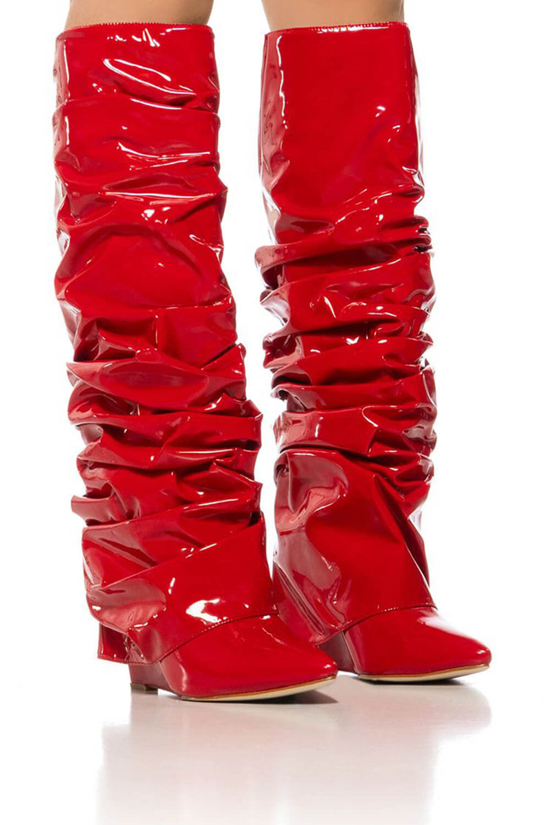 Patent Scrunched Foldover Mid Calf Wedge Heel Boots - Red