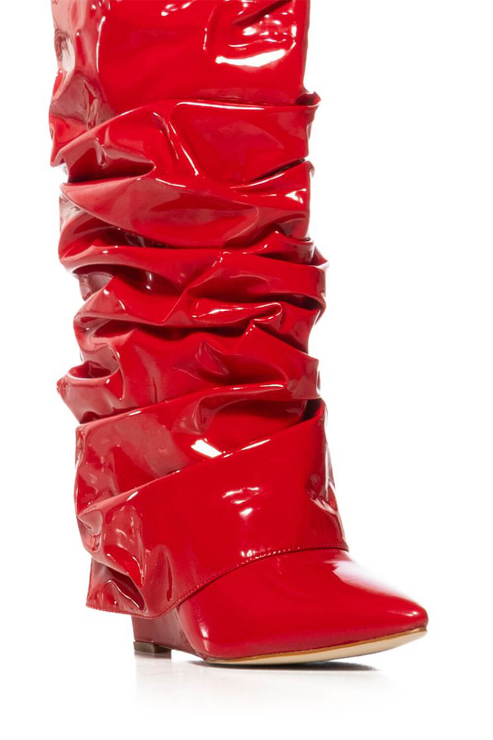 Patent Scrunched Foldover Mid Calf Wedge Heel Boots - Red