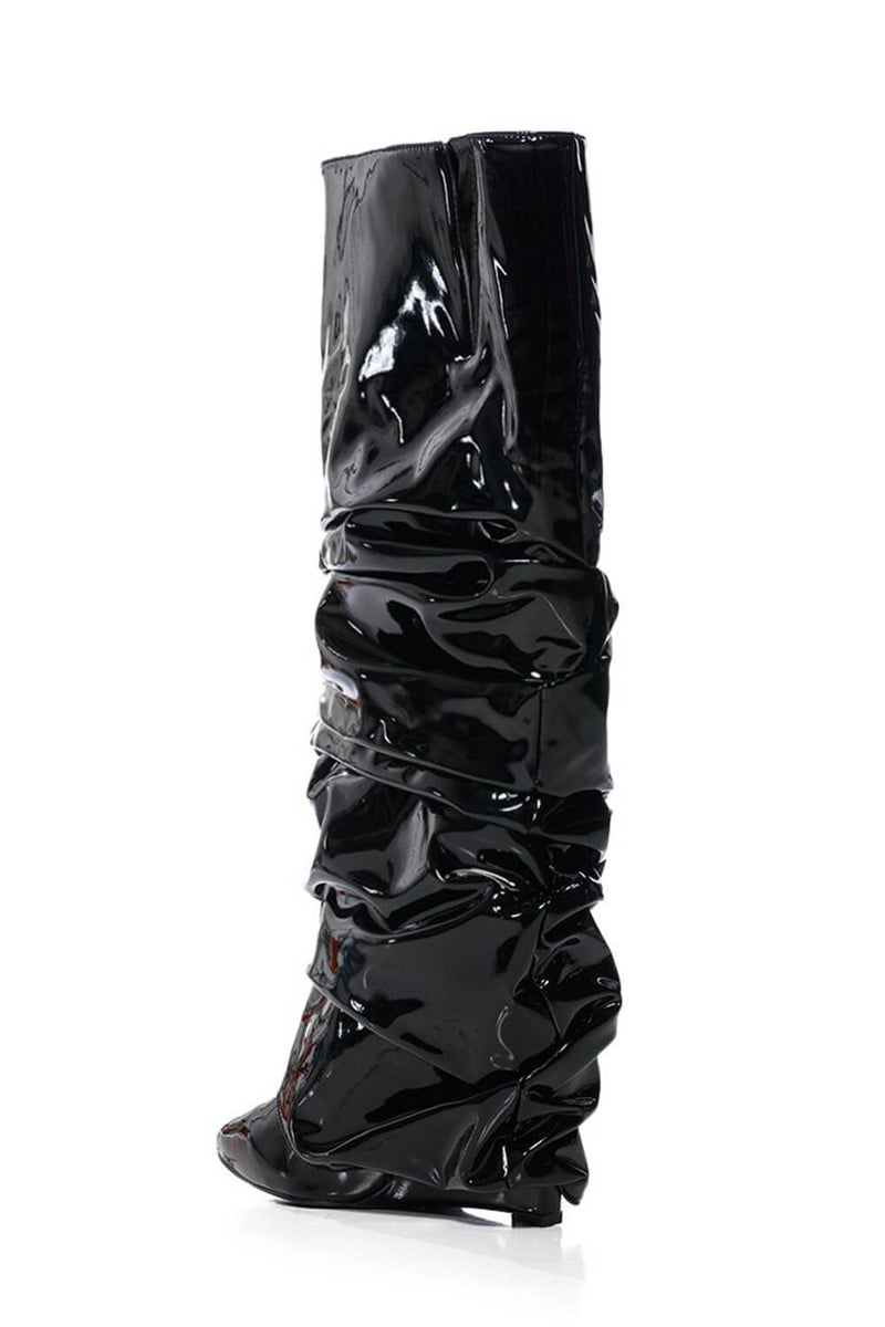 Patent Scrunched Foldover Mid Calf Wedge Heel Boots - Black
