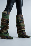 Scrunched Foldover Mid Calf Wedge Heel Boots - Camouflage