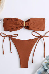 Shimmer Bandeau Tie Side Bikini Set With O-Ring Detail - Burnt