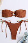 Shimmer Bandeau Tie Side Bikini Set With O-Ring Detail - Burnt