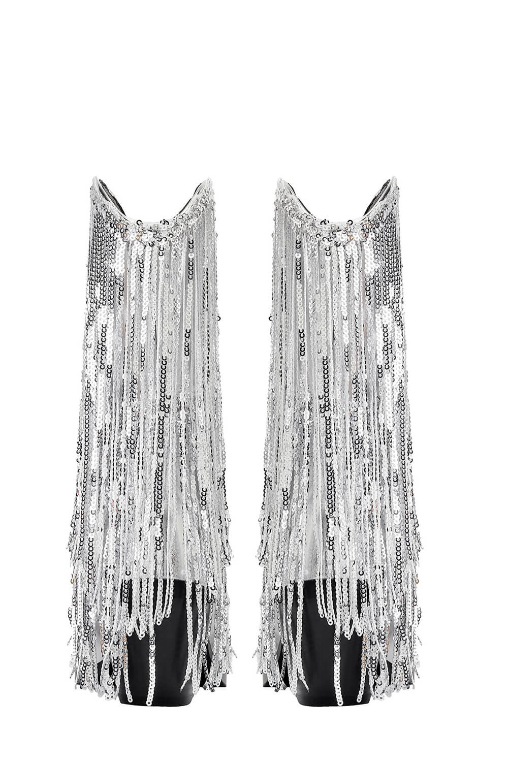 Silver Metallic Patent Sequined Fringe Western Ankle Bootie