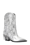 Silver Metallic Patent Sequined Fringe Western Ankle Bootie