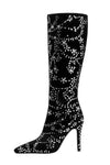 Rhinestone Embellished Faux Suede Pointed Toe Knee High Stiletto Boots