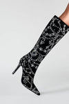 Rhinestone Embellished Faux Suede Pointed Toe Knee High Stiletto Boots