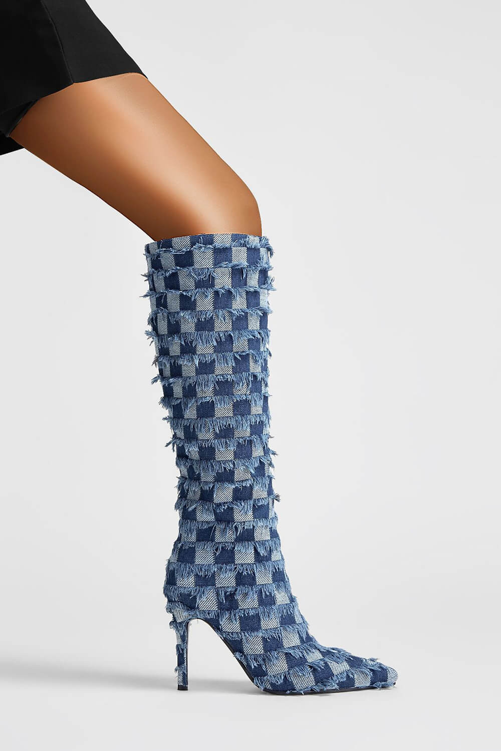 Distressed Checkered Denim Pointed Toe Knee High Stiletto Boots