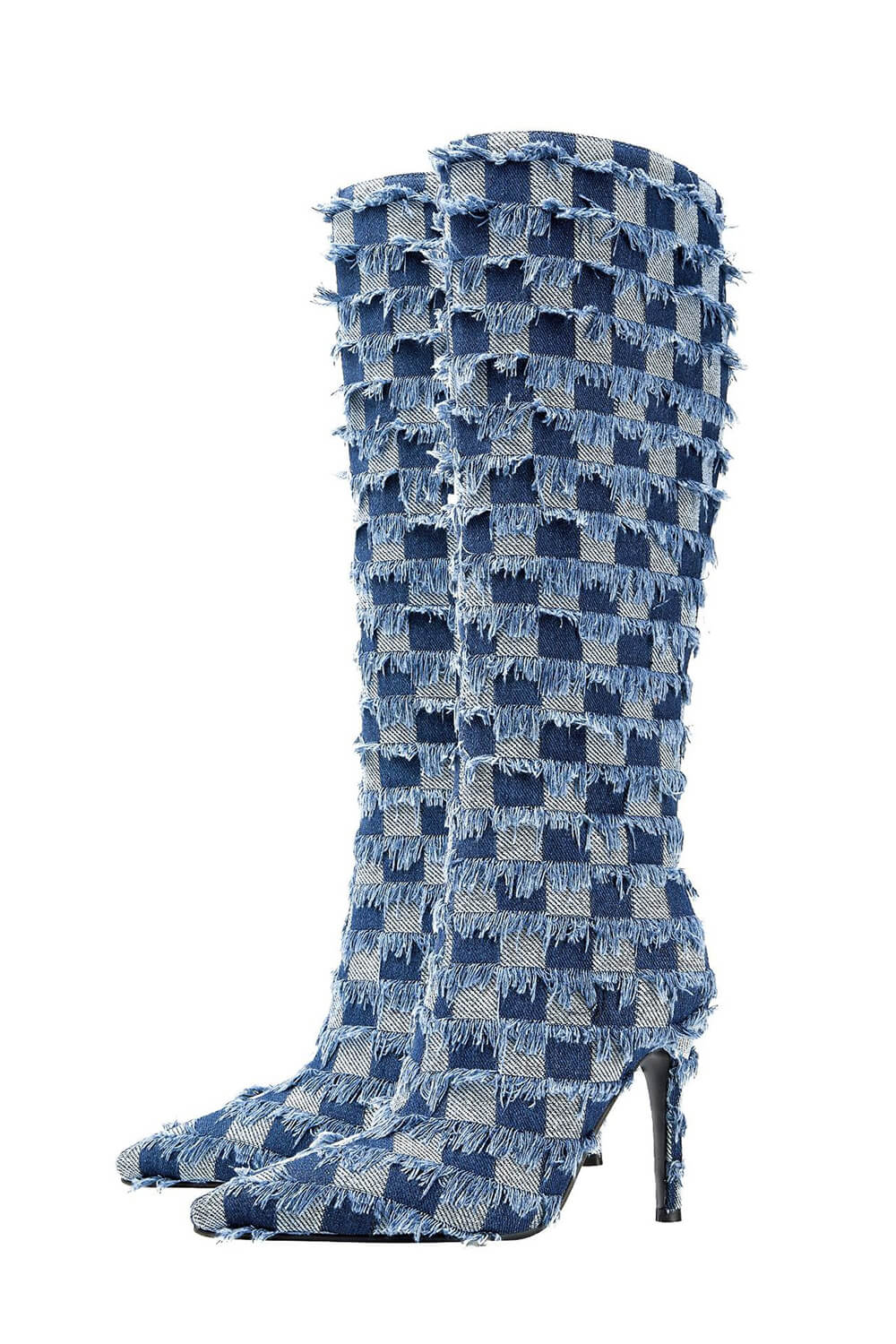 Distressed Checkered Denim Pointed Toe Knee High Stiletto Boots