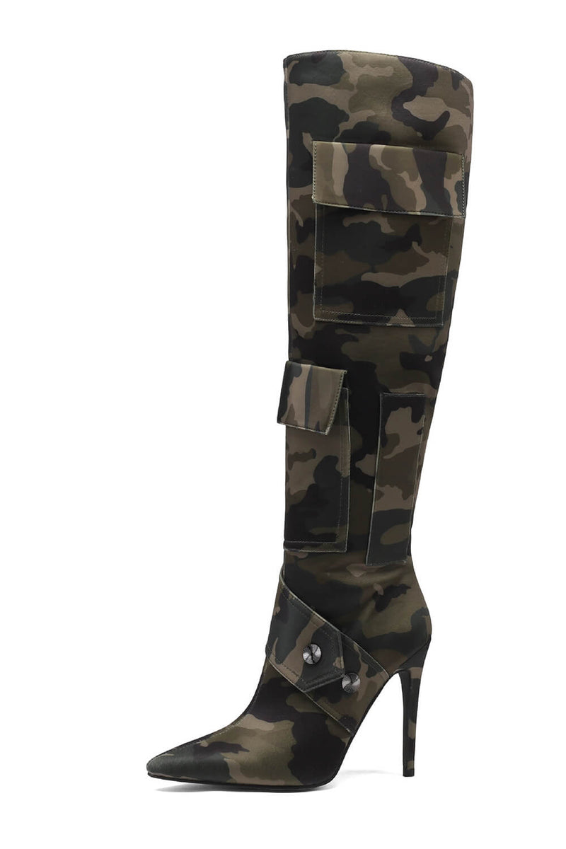 Multi Pocket Detail Pointed Toe Stiletto Heel Knee High Long Boot - Camo Print