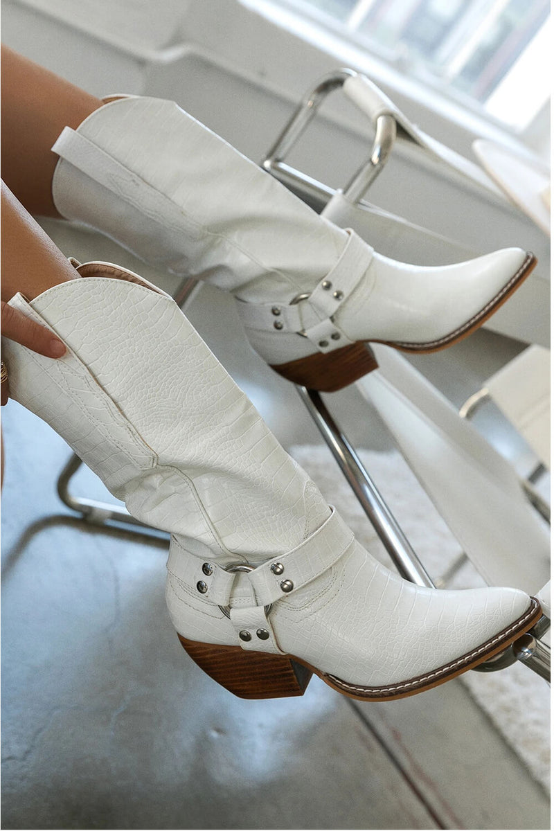 White Buckle Strap Detail Mid-Calf Western Cowgirl Boots
