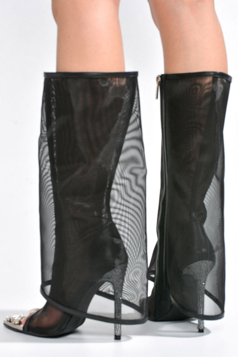 Mesh Fold Over Knee High Stiletto Heeled Pointy Boots