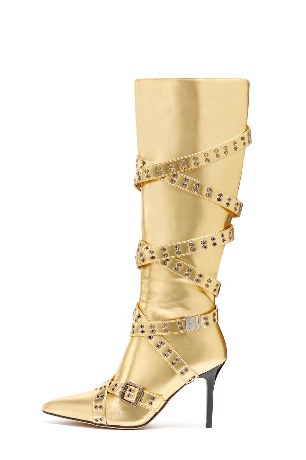 Strap Belt Pointed Toe Knee High Stiletto Boots With Buckle Details - Metallic Gold