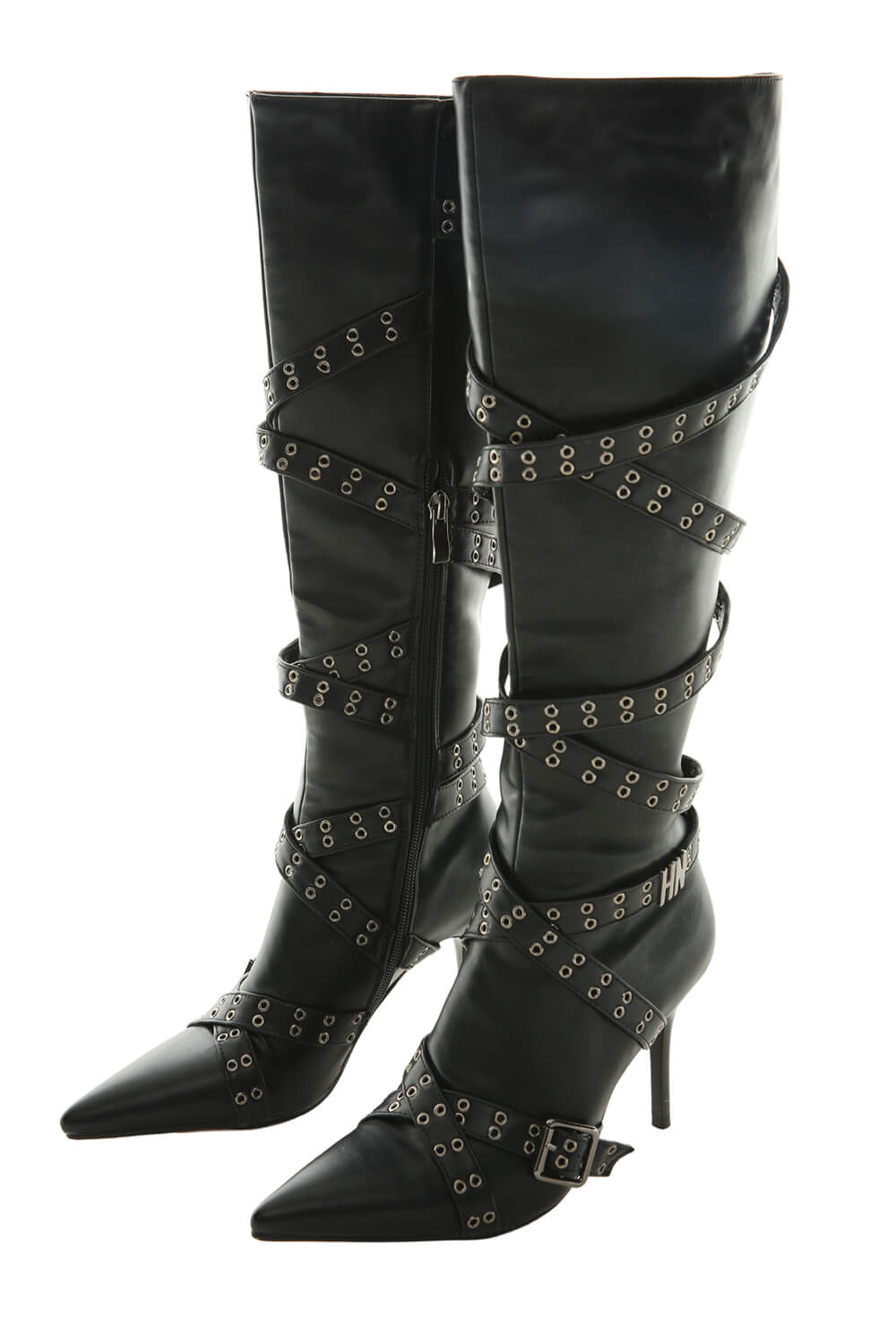 Strap Belt Pointed Toe Knee High Stiletto Boots With Buckle Details - Black