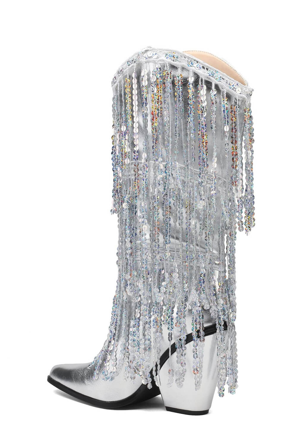 Faux Leather Sequined Fringe Western Mid-Calf Bootie - Silver Metallic