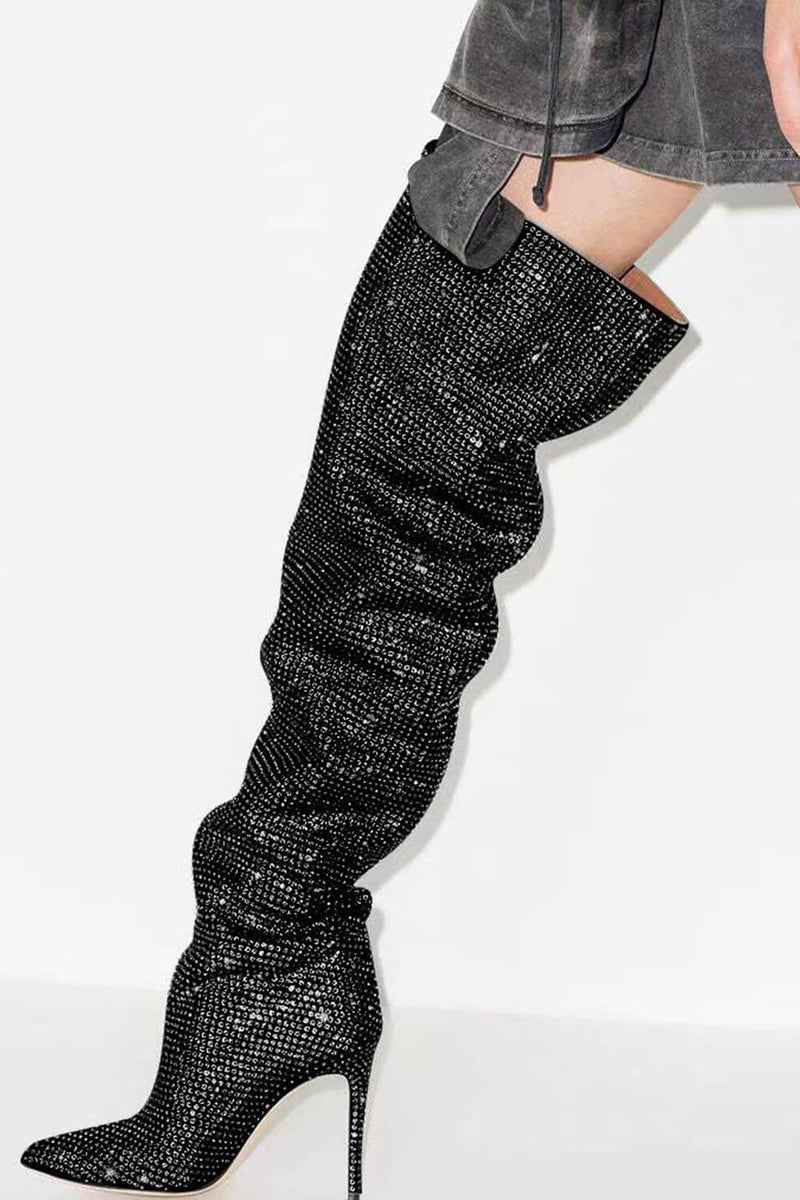 Crystal-Embellished Point Toe Over The Knee Slouch Stiletto Heeled Boots - Black